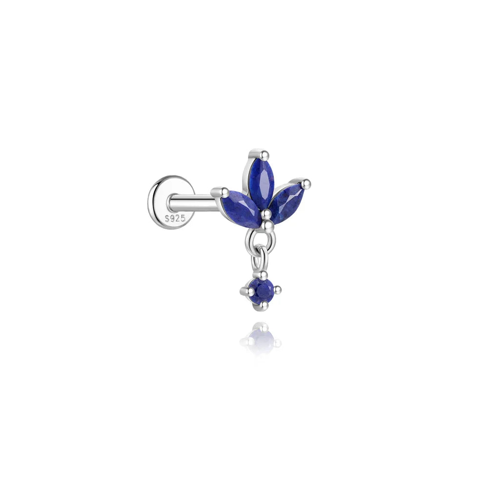 Piercing en Argent 925 et Lapis-Lazuli – Clou Plat Étoile, Fleur, Papillon, 16 Modèles Doré ou Argenté