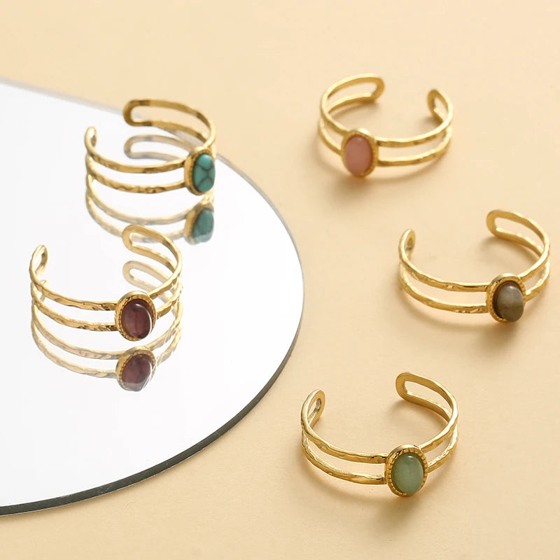 Bague Pierre Naturelle Ajustable – Acier Inoxydable, Style Vintage, 5 Pierres au Choix