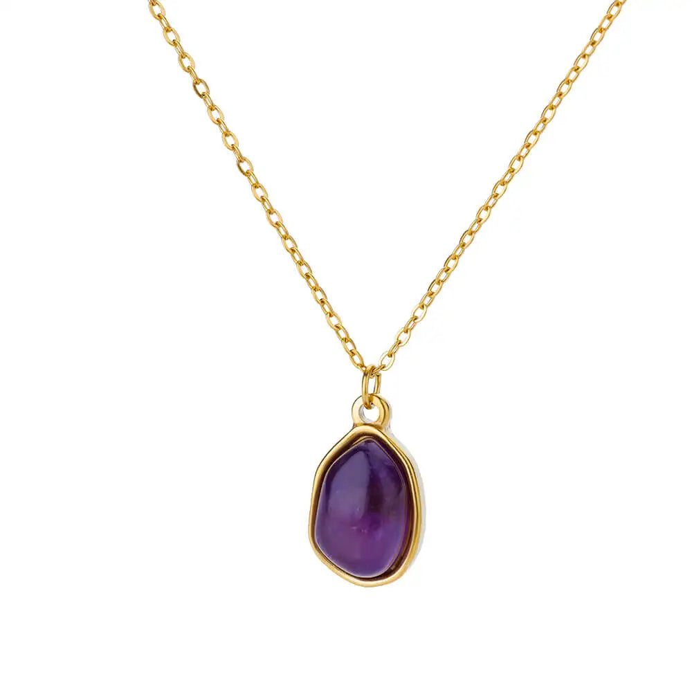 Collier Pendentif Ovale en Pierre – Acier Inoxydable Doré, Chaîne 45 cm, 13 Modèles