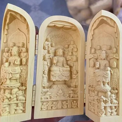 Triptyque Bouddhiste en Bois Sculpté – Autel Portable Pliant à 3 Volets, 11 Modèles