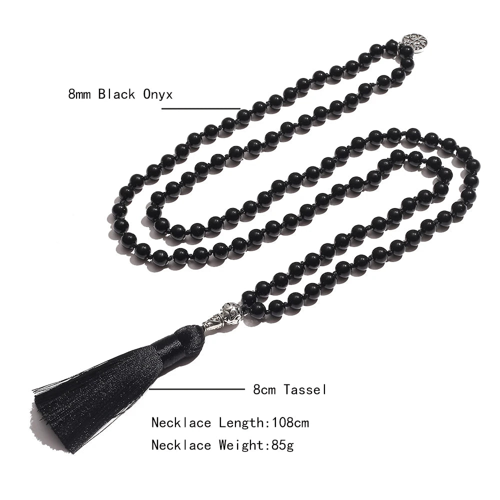 Mala 108 Perles Onyx Noir 8 mm – Collier de Méditation à Pompon, Pendentif Arbre de Vie