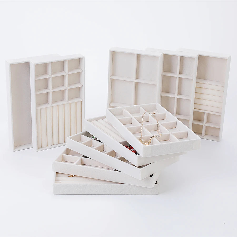 Plateau à Bijoux en Velours Beige – Organisateur Empilable pour Tiroir, Bagues, Bracelets et Boucles d'Oreilles, 9 Modèles de Compartiments