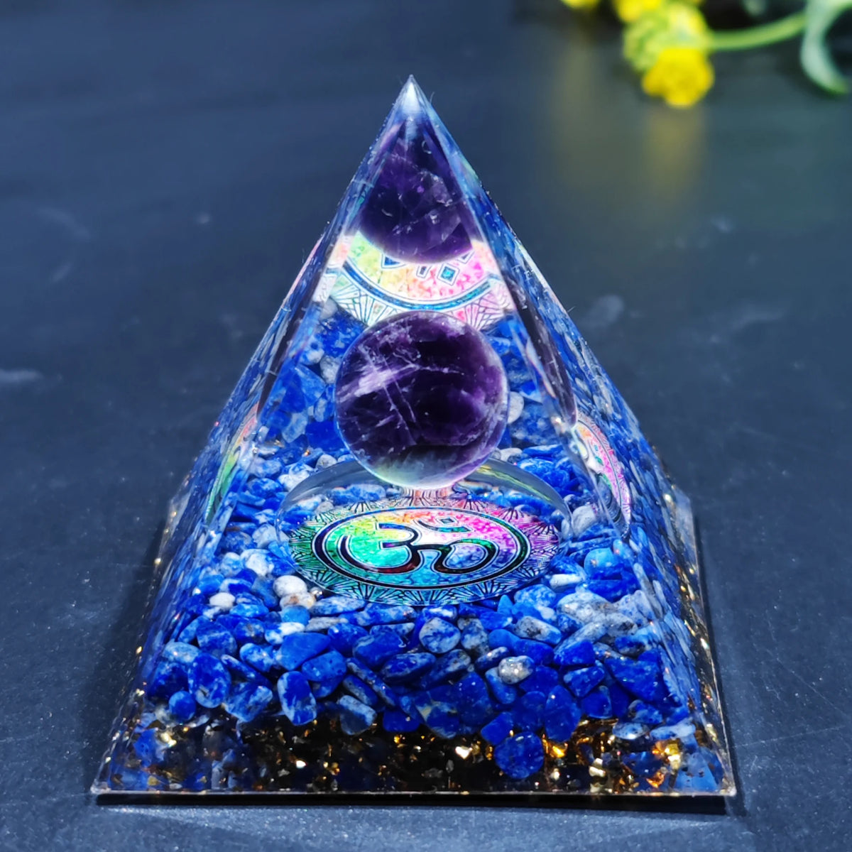 Pyramide d'Orgonite à Sphère d'Améthyste – 5 cm, Arbre de Vie, Chakras, 35 Modèles