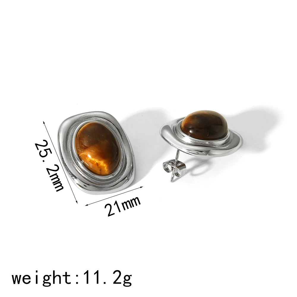 Boucles d'Oreilles Puces Œil de Tigre en Acier Inoxydable – Monture Torsadée, Doré ou Argenté