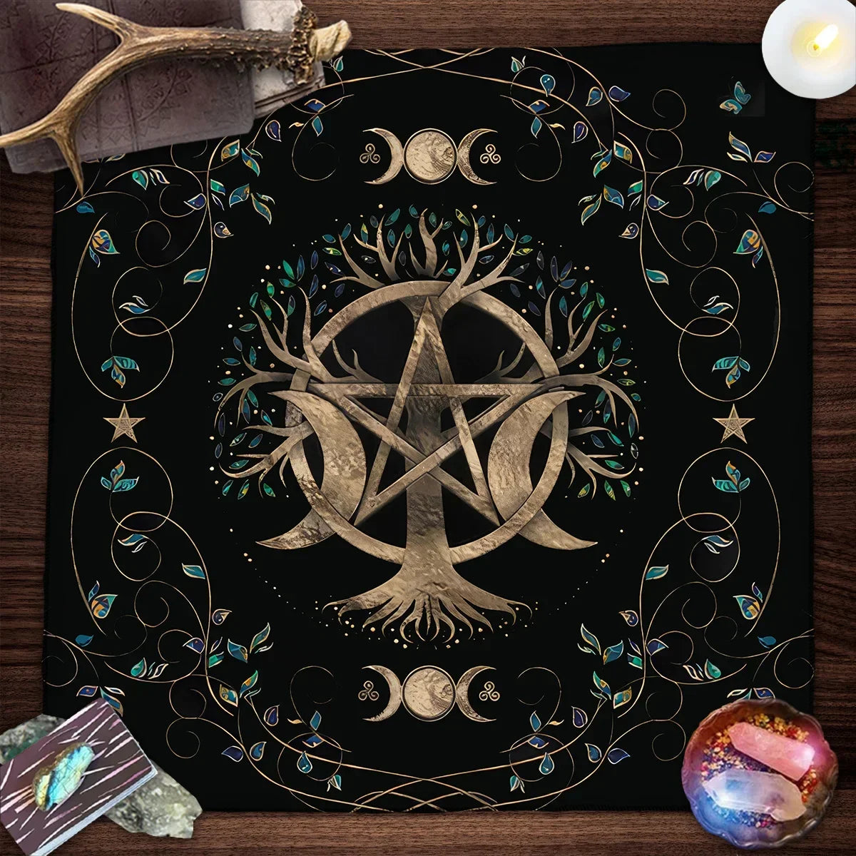 Nappe de Tarot Arbre de Vie en Velours – 15 Motifs : Arbre Doré, Phases de Lune, 50 ou 75 cm