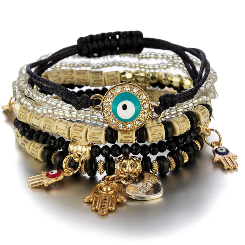 Lot de 6 Bracelets Bohème Œil Turc et Main de Fatma – Perles, Cordons et Breloques, 8 Coloris