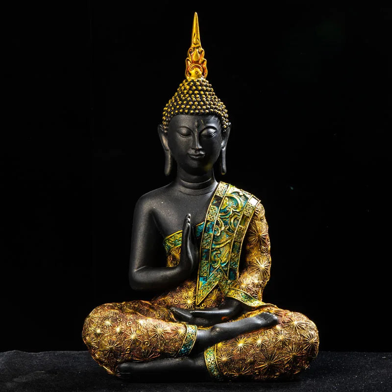 Statue Bouddha Thaï en Méditation – Résine Noire et Or, Faite Main, de 10 à 41 cm