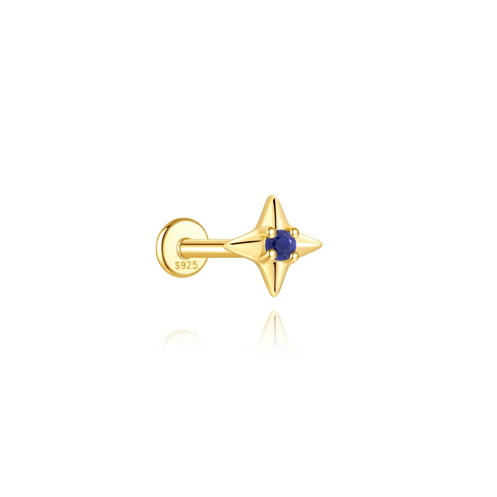 Piercing en Argent 925 et Lapis-Lazuli – Clou Plat Étoile, Fleur, Papillon, 16 Modèles Doré ou Argenté