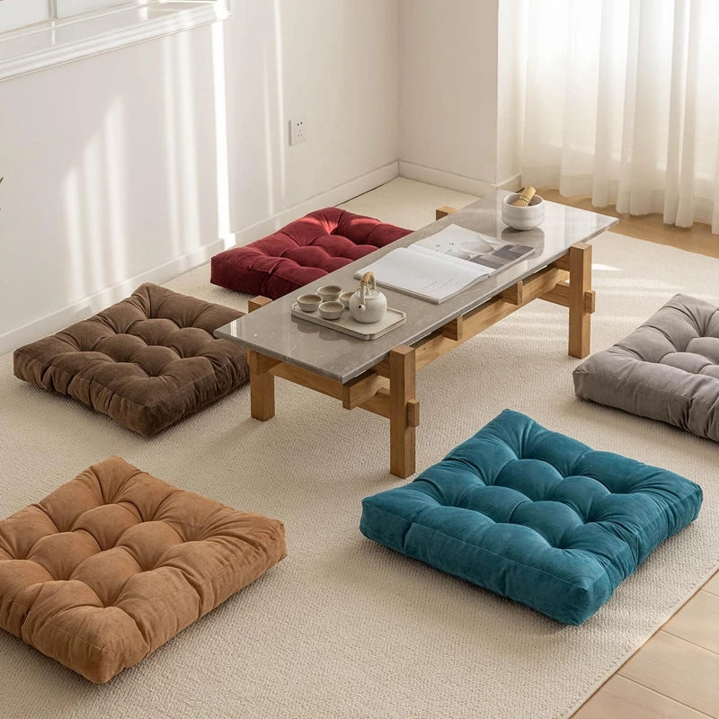 Coussin de Sol Carré Capitonné en Velours Côtelé – 45 ou 53 cm, Assise de Méditation, 9 Coloris