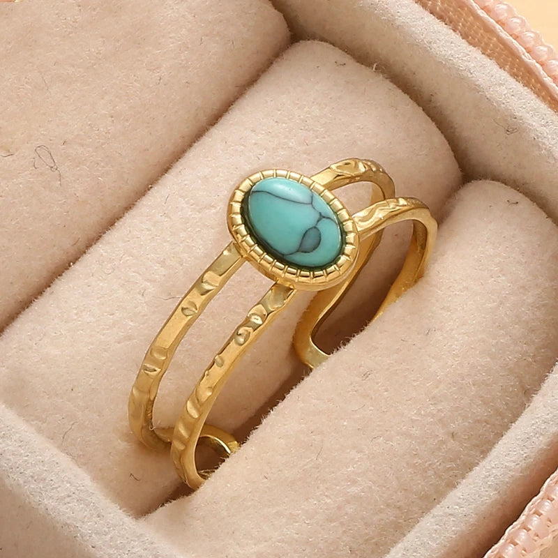 Bague Pierre Naturelle Ajustable – Acier Inoxydable, Style Vintage, 5 Pierres au Choix