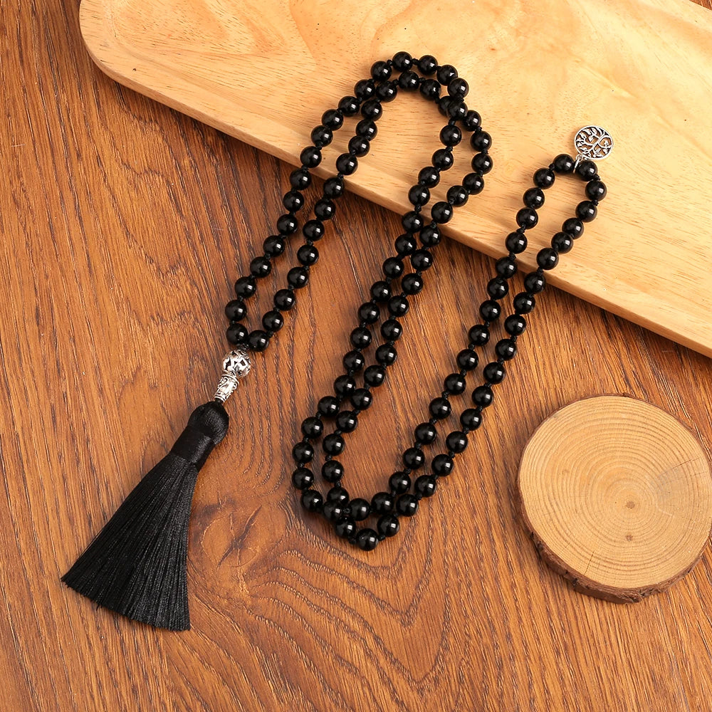 Mala 108 Perles Onyx Noir 8 mm – Collier de Méditation à Pompon, Pendentif Arbre de Vie