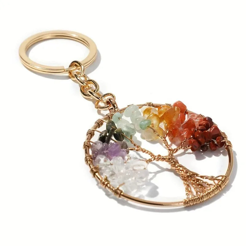 Porte-Clés Arbre de Vie en Éclats de Pierres Naturelles – Doré ou Argenté, Bijou de Sac