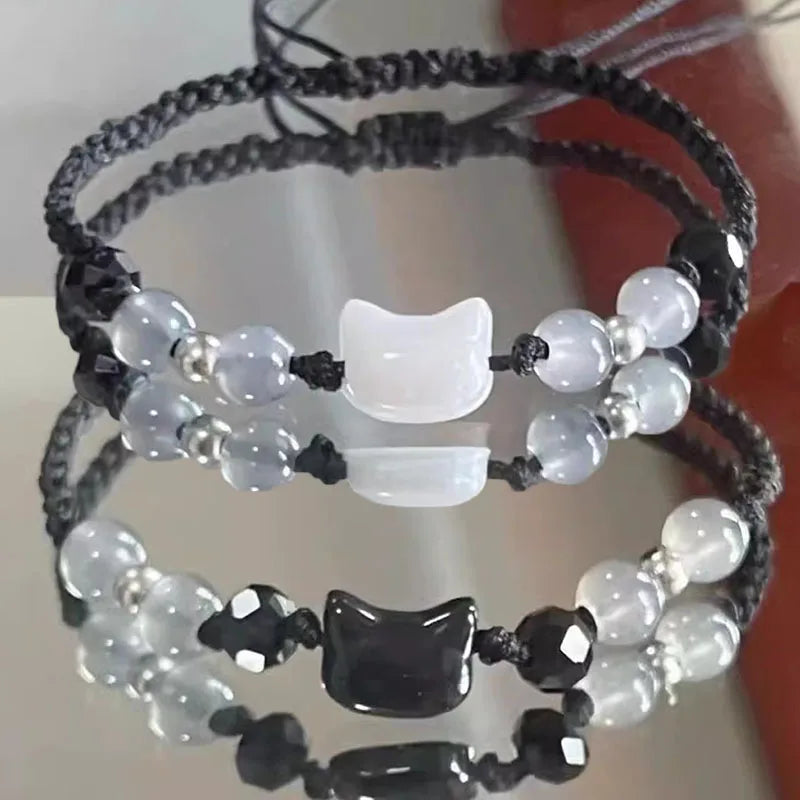 Bracelets Chat Pierre de Lune et Obsidienne – Cordon Tressé Réglable, à l'Unité ou en Duo