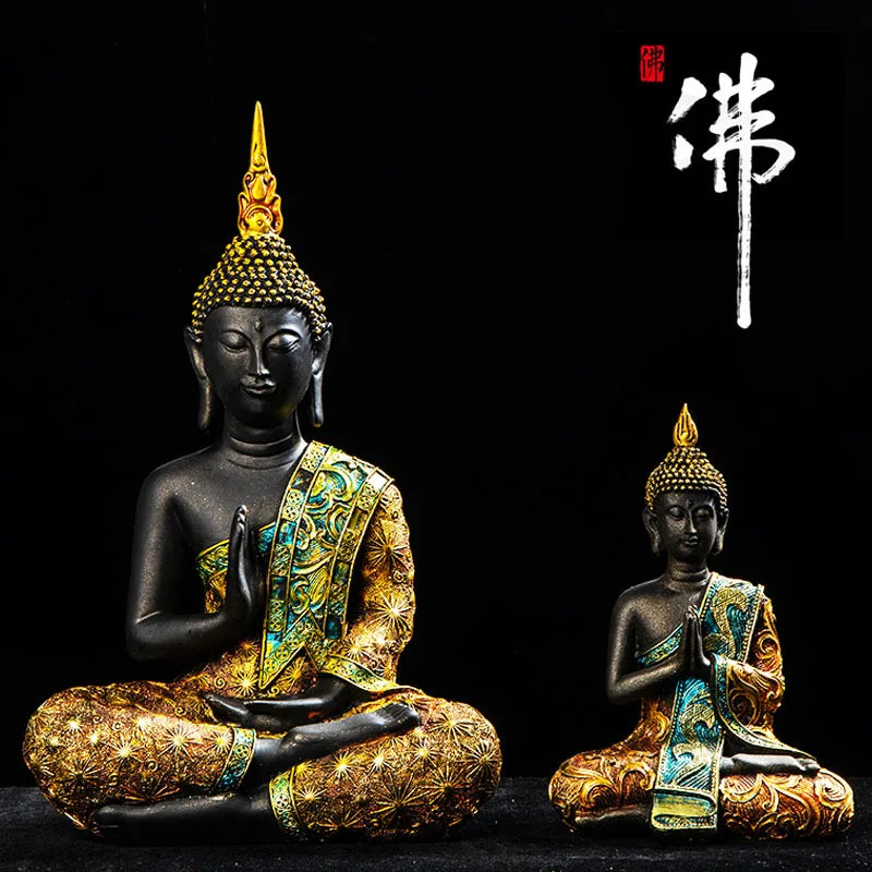 Statue Bouddha Thaï en Méditation – Résine Noire et Or, Faite Main, de 10 à 41 cm