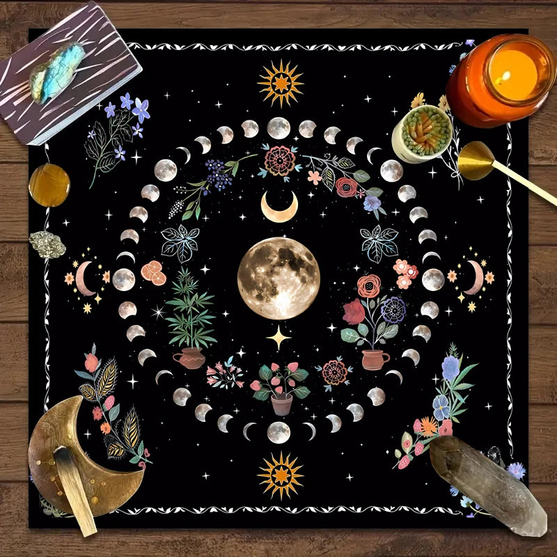 Nappe de Tarot en Velours – Lune, Chat Noir, Soleil et Lotus, Géométrie Sacrée, 7 Motifs, 2 Tailles