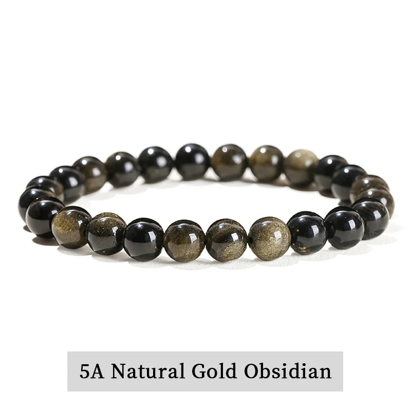 Bracelet Obsidienne Dorée, Argentée ou Arc-en-Ciel – Perles 6, 8 ou 10 mm, Homme et Femme