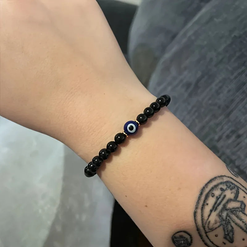 Bracelet Tourmaline Noire et Œil Turc – Perles 6 mm, Élastique, 19,5 cm, Unisexe