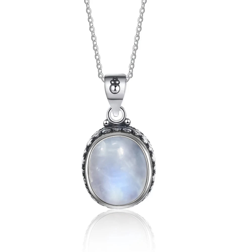 Pendentif Ovale Argent 925 – Lapis-Lazuli, Pierre de Lune, Améthyste ou Quartz Rose, Style Vintage