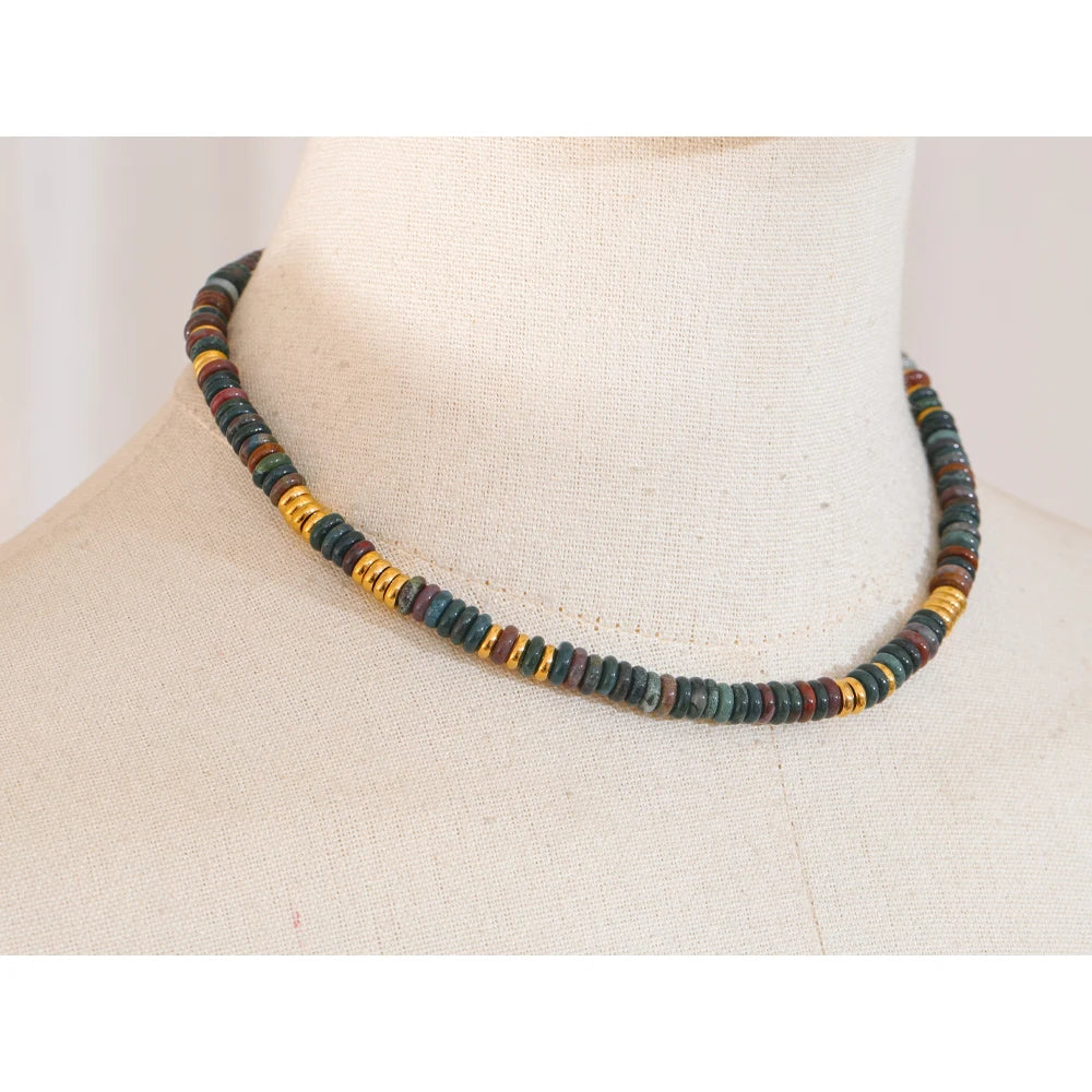 Collier Perles Heishi en Pierre Naturelle et Acier Doré – Ras du Cou Bohème, 10 Pierres au Choix