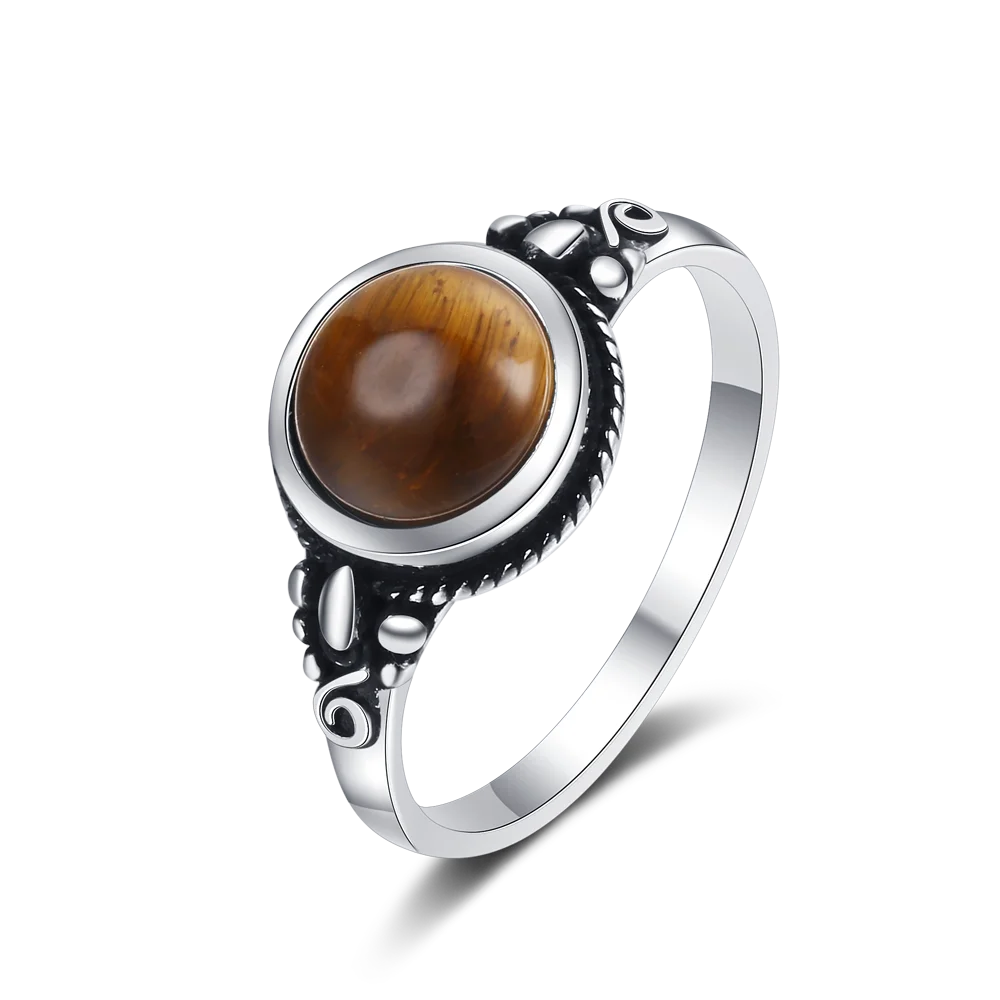 Bague Fine Ronde 8 mm en Pierre Naturelle – Monture Argentée Perlée, Labradorite, Pierre de Lune…