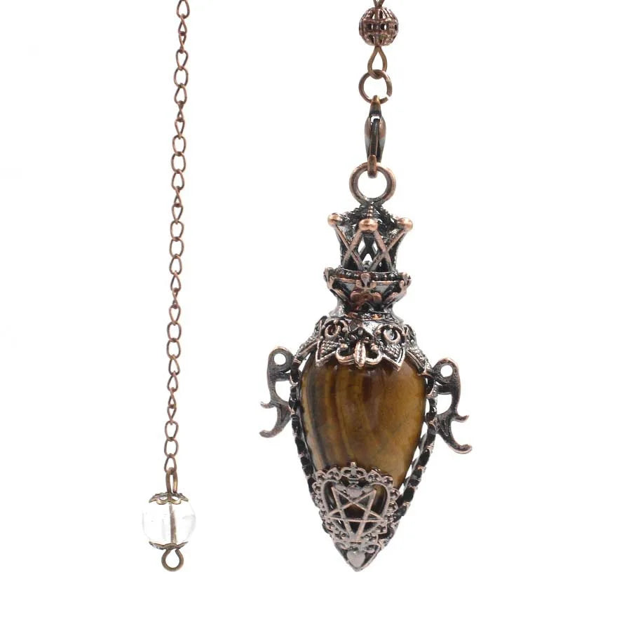 Grand Pendule Vintage en Pierre Naturelle – Cœur Serti Monture Cuivrée, Obsidienne, Améthyste, Labradorite…