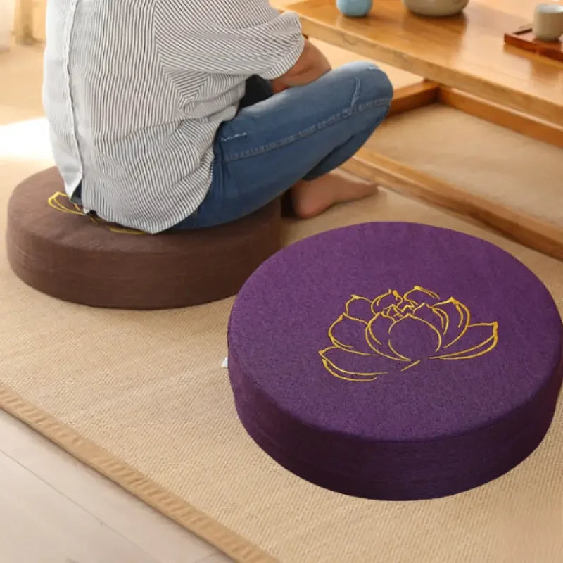 Coussin de Méditation Rond en Lin 40 cm – Brodé Fleur de Lotus, Housse Déhoussable, 9 Coloris