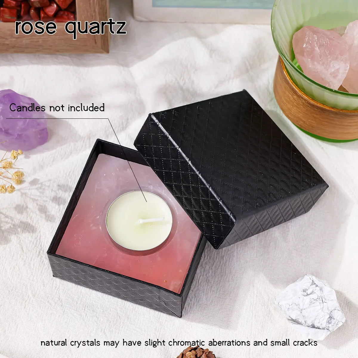 Bougeoir Carré en Pierre Brute – Quartz Rose, Améthyste, Labradorite, Cristal de Roche…