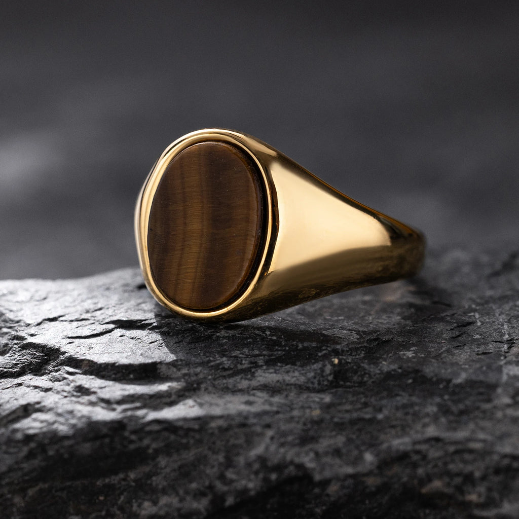 Chevalière en Acier Inoxydable Doré et Pierre Naturelle – Œil de Tigre, Onyx ou Lapis-Lazuli