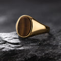 Chevalière en Acier Inoxydable Doré et Pierre Naturelle – Œil de Tigre, Onyx ou Lapis-Lazuli