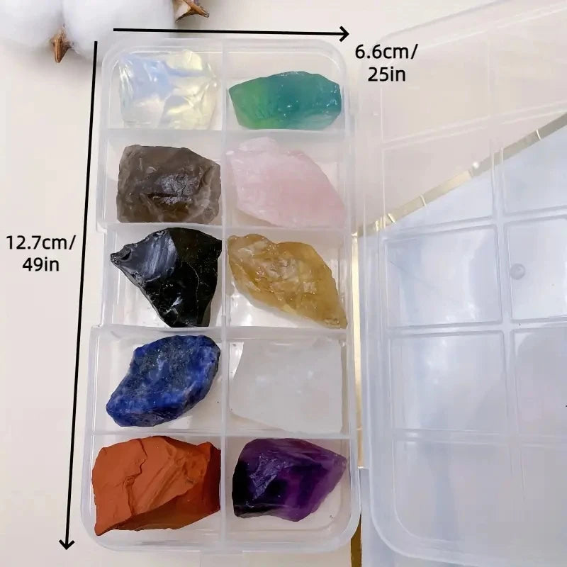 Coffret de 10 Pierres Brutes et Minéraux – Améthyste, Fluorite, Citrine, Quartz Rose… avec Boîte