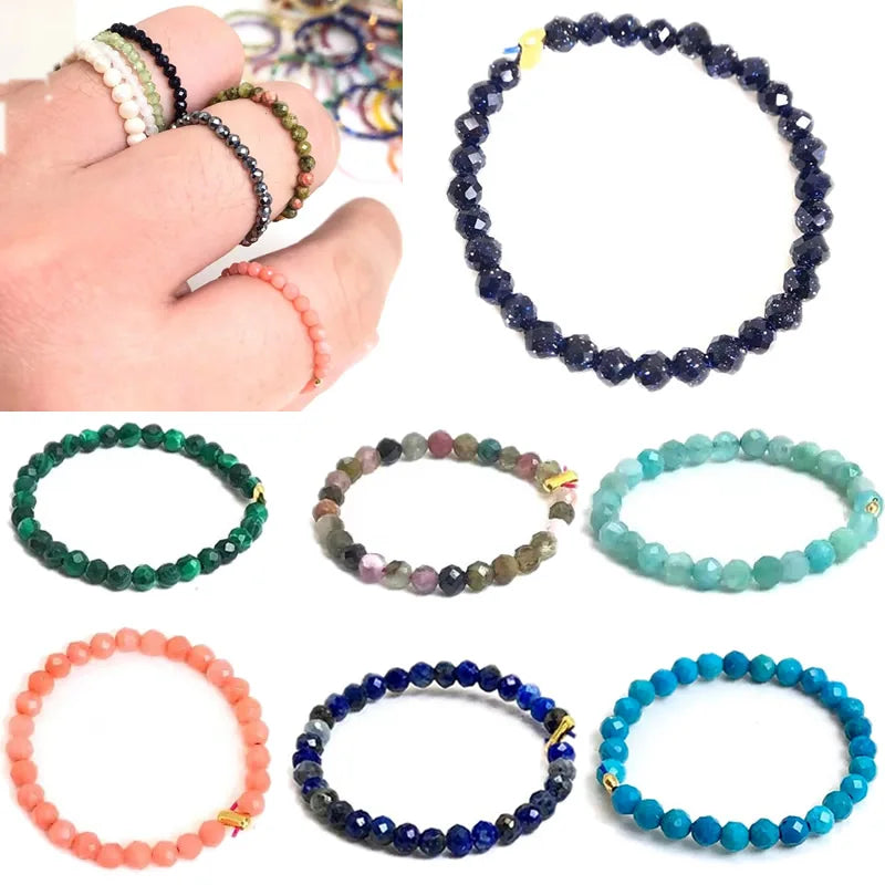 Bague Fine en Perles de Pierre Naturelle Facettées 2 mm – Extensible, 26 Pierres au Choix