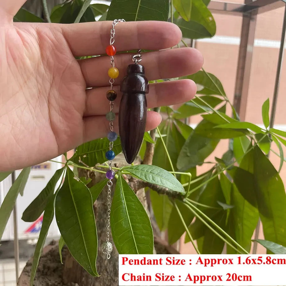 Pendule Égyptien en Bois Sombre Tourné – Pendule de Radiesthésie Karnak, Chaîne Simple ou 7 Chakras