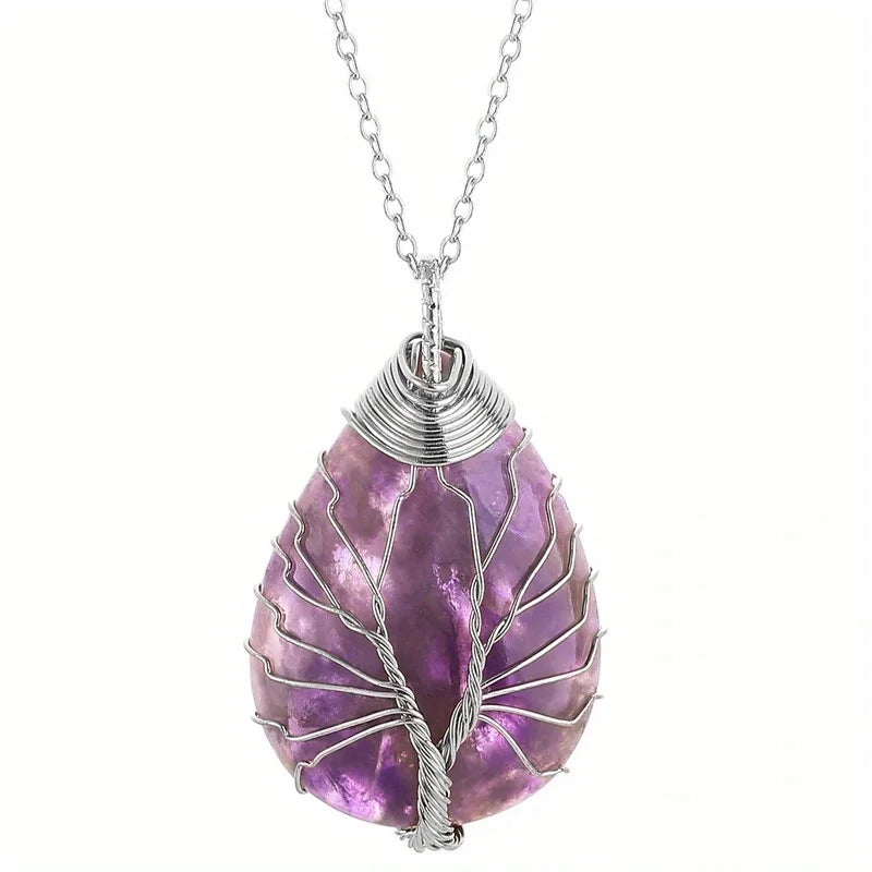 Pendentif Arbre de Vie en Pierre Naturelle au Choix – Fil Doré ou Argenté, avec Chaîne