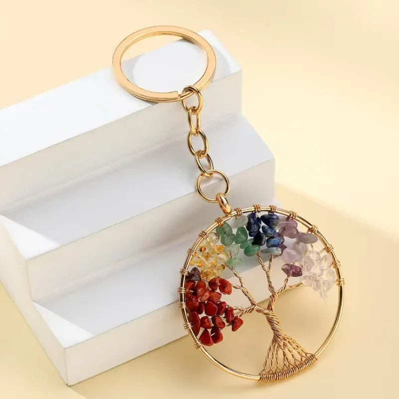 Porte-Clés Arbre de Vie en Éclats de Pierres Naturelles – Doré ou Argenté, Bijou de Sac