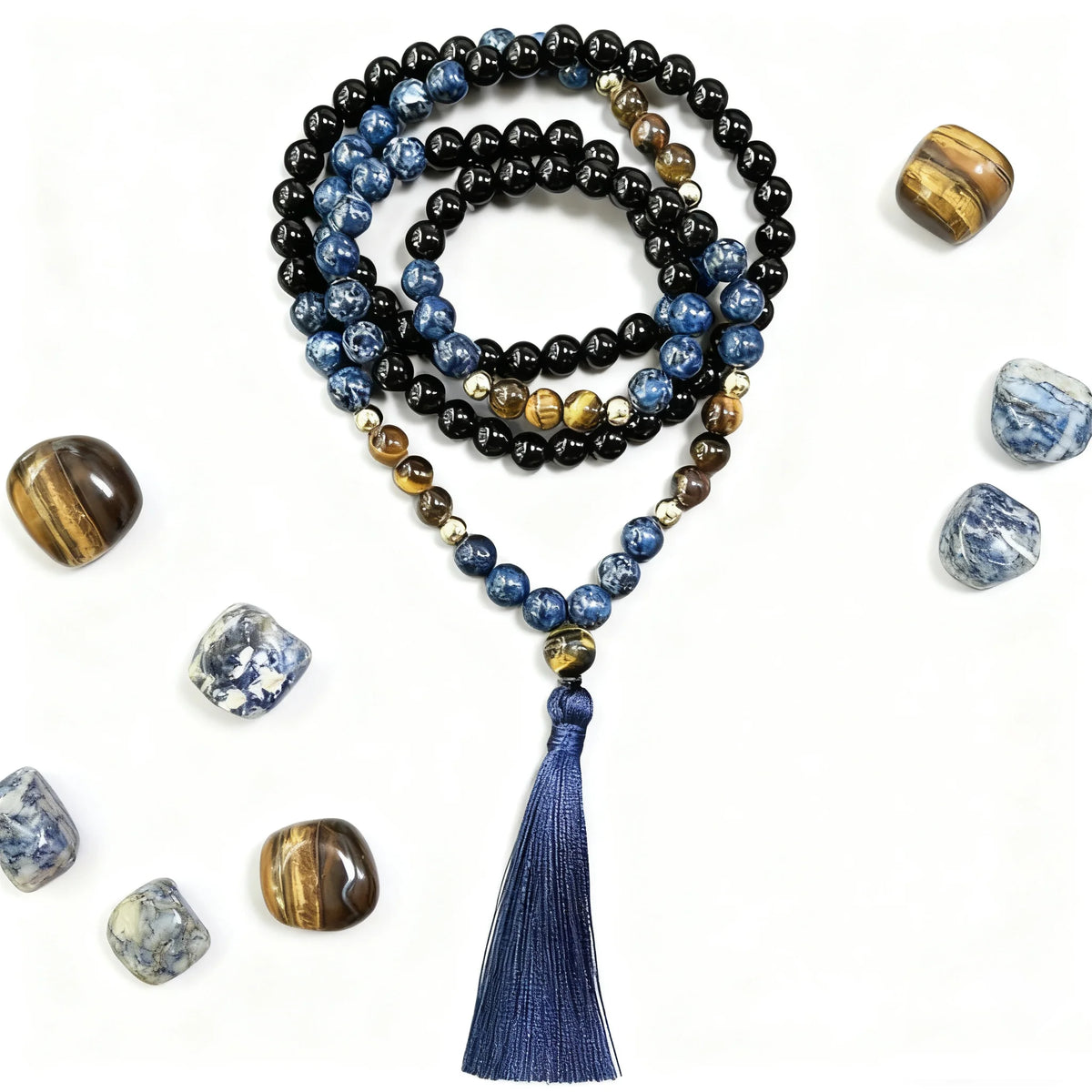 Mala 108 Perles Onyx Noir, Sodalite et Œil de Tigre 8 mm – Collier de Méditation à Pompon