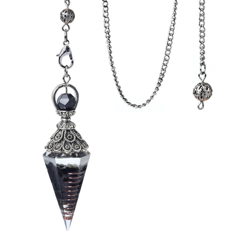 Pendule Cône en Orgonite aux Éclats de Pierres Naturelles – Monture Argent Vieilli, 10 Modèles