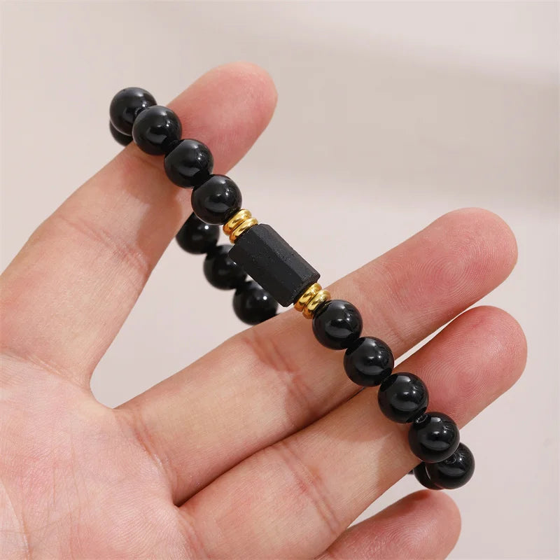 Bracelet Perles Noires et Pépite de Tourmaline Noire Brute – Protection, Unisexe