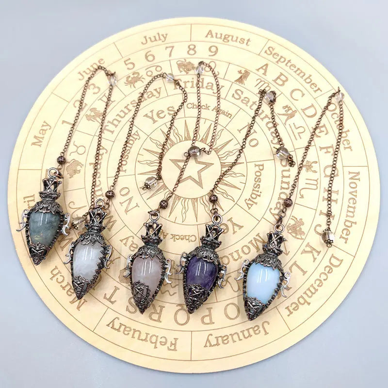 Pendule Divinatoire en Pierre Naturelle – Monture Vintage Ciselée, 8 Pierres et 2 Modèles