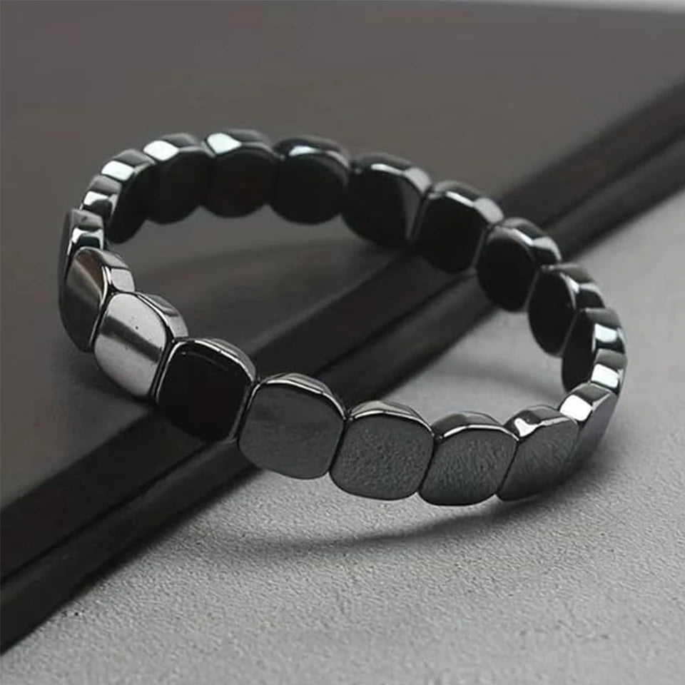 Bracelet Homme Hématite Perles Carrées Plates – Extensible, Noir Métallisé