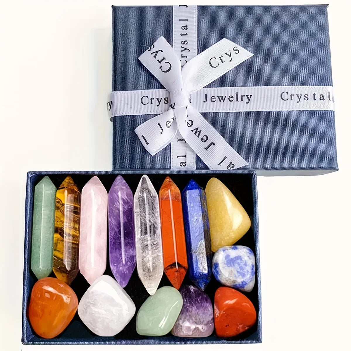 Coffret 14 Pierres 7 Chakras – 8 Pointes et 6 Pierres Roulées, Boîte Cadeau