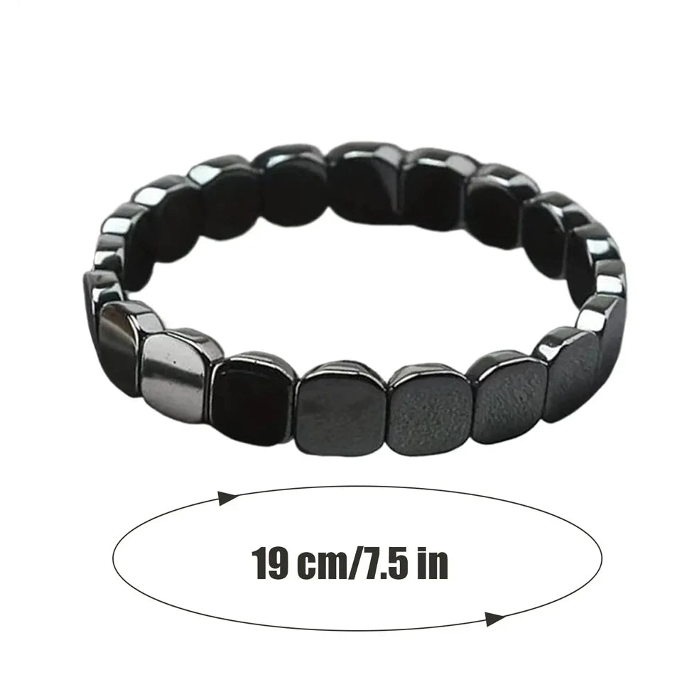 Bracelet Homme Hématite Perles Carrées Plates – Extensible, Noir Métallisé