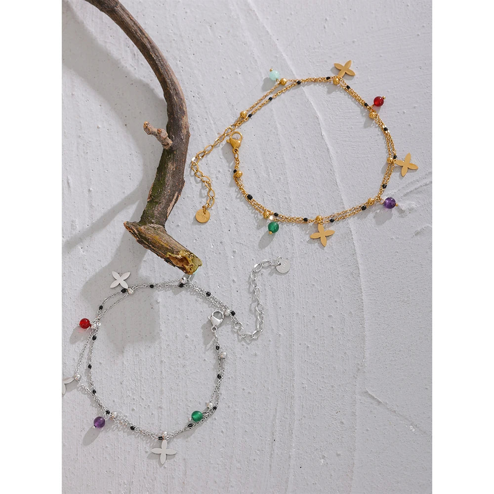 Chaîne de Cheville Perles de Pierres et Fleurs – Acier Inoxydable Doré ou Argenté