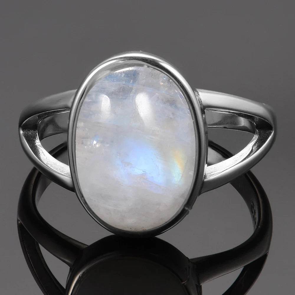Bague Pierre de Lune Ovale en Argent – Anneau Double Ouvert, Reflets Bleutés, Tailles 52 à 62