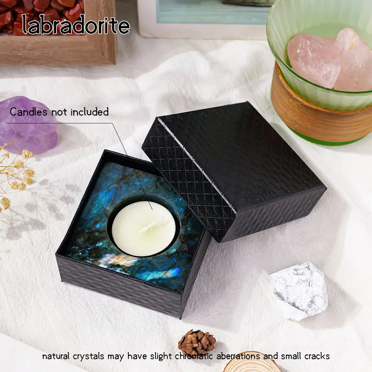 Bougeoir Carré en Pierre Brute – Quartz Rose, Améthyste, Labradorite, Cristal de Roche…