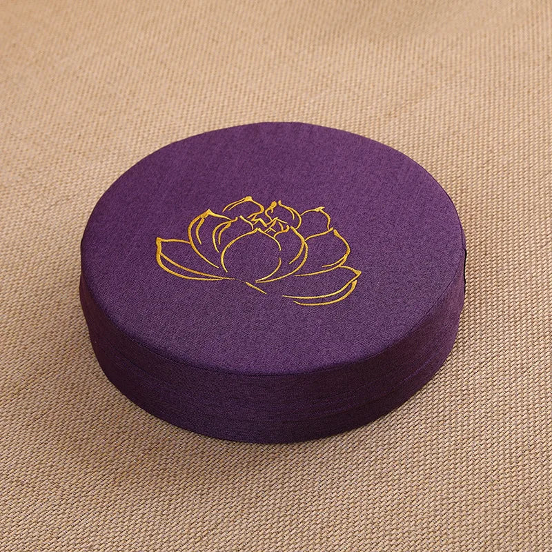 Coussin de Méditation Rond en Lin 40 cm – Brodé Fleur de Lotus, Housse Déhoussable, 9 Coloris