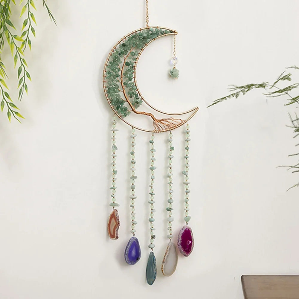 Attrape-Rêves en Pierres Naturelles et Tranches d'Agate – Lune ou Arbre de Vie, 29 Modèles, Décoration Murale