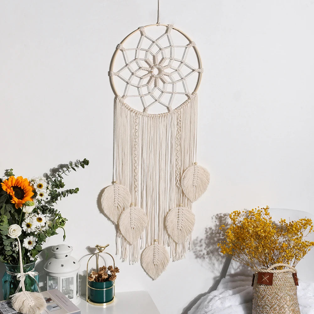 Grand Attrape-Rêves en Macramé à Feuilles – Tenture Murale Bohème Faite Main, 85 cm