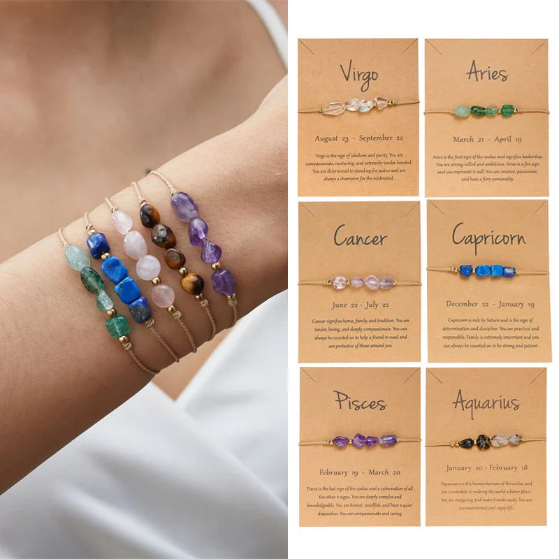 Bracelet Signe du Zodiaque en Pierres Naturelles – Cordon Réglable sur Carte Astro, 12 Signes