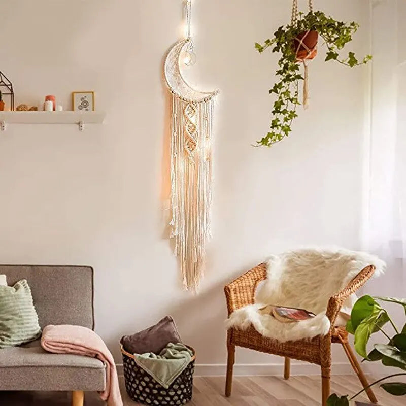 Macramé Mural Lune 96 cm – Tenture Murale Bohème Écrue à Croissant de Lune, Franges et Nœuds, Décoration Murale Zen pour Chambre ou Salon, Idée Cadeau
