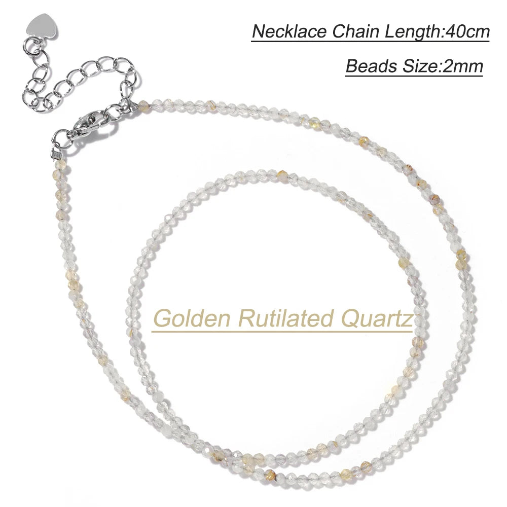 Collier Perles Facettées 2 mm en Pierre Naturelle – Ras du Cou Ultra-Fin, 14 Pierres, 40 cm